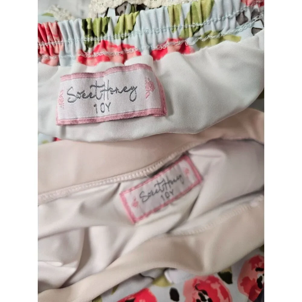 SweetHoney Kids Floral Swim Two Piece Ruffle Tank Set Bundle 10Y